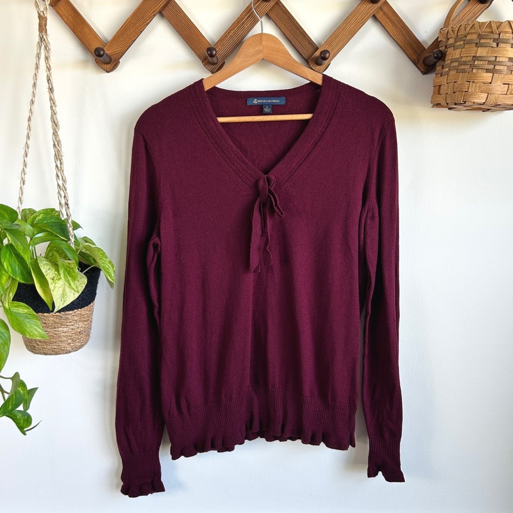 Brooks Brothers Burgundy V-Neck Tie Front Ruffle Hem Knit Sweater Large